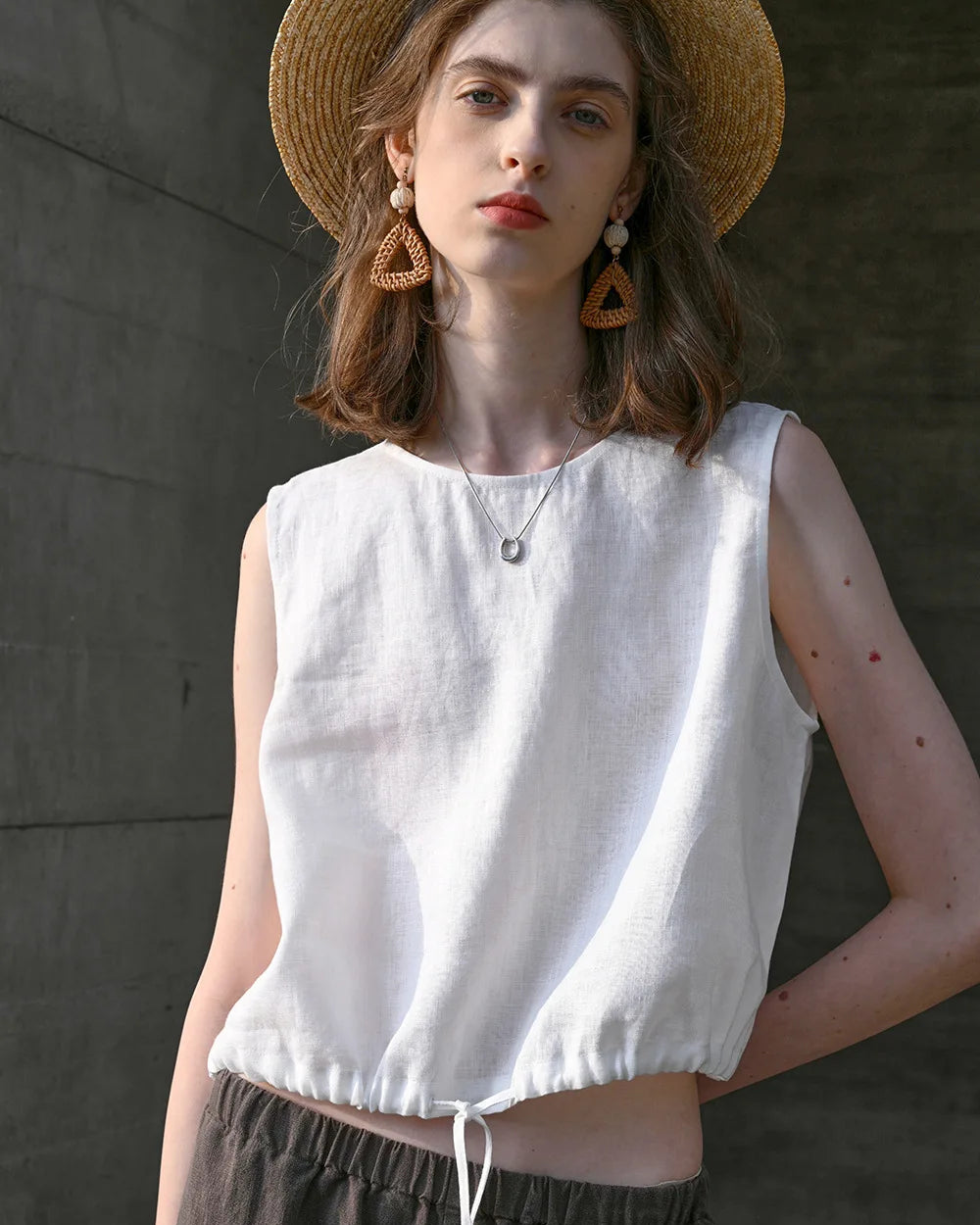 Linen Drawstring Crew Neck Cropped Vest
