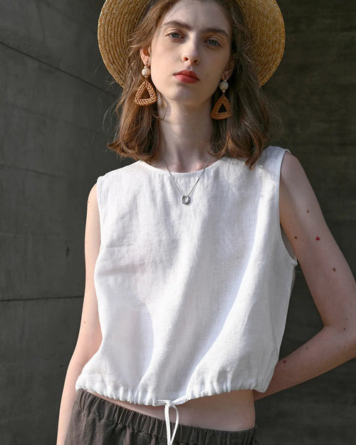 Linen Drawstring Crew Neck Cropped Vest