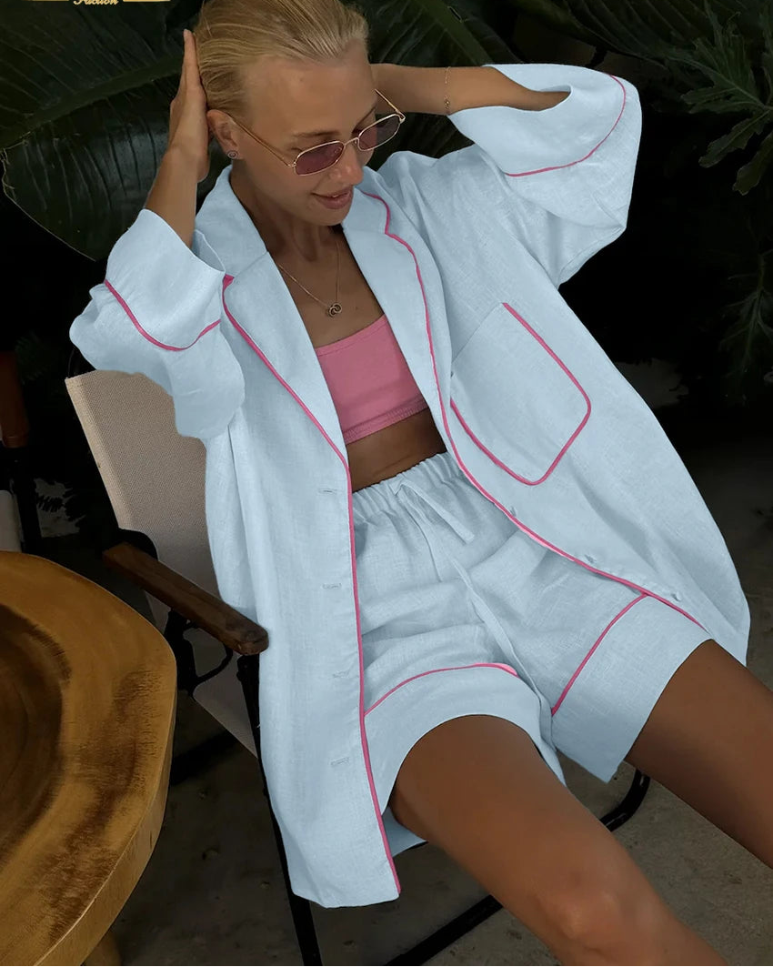 Cotton Long-Sleeve Shirt & High-Waist Shorts Set