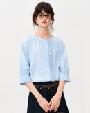 Breezy women's loose lantern sleeve shirt in soft microfiber blend. O-neckline, polished placket & relaxed straight cut for effortless everyday style.