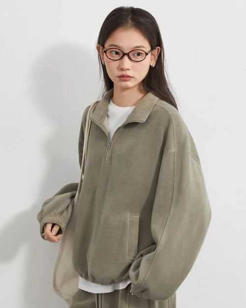 Granular Velvet Stand-Collar Zip Top