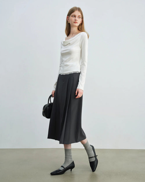 Lace-Trimmed Asymmetrical Neckline Knit T-Shirt