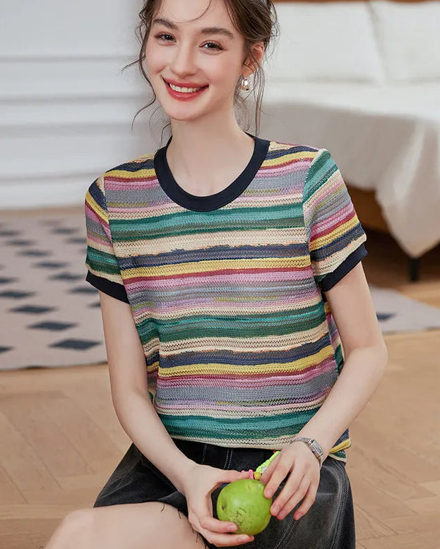 Round Neck Colorful Striped Knit T-Shirt
