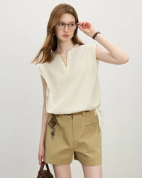 Straight Shoulder V-Neck Sleeveless Blouse