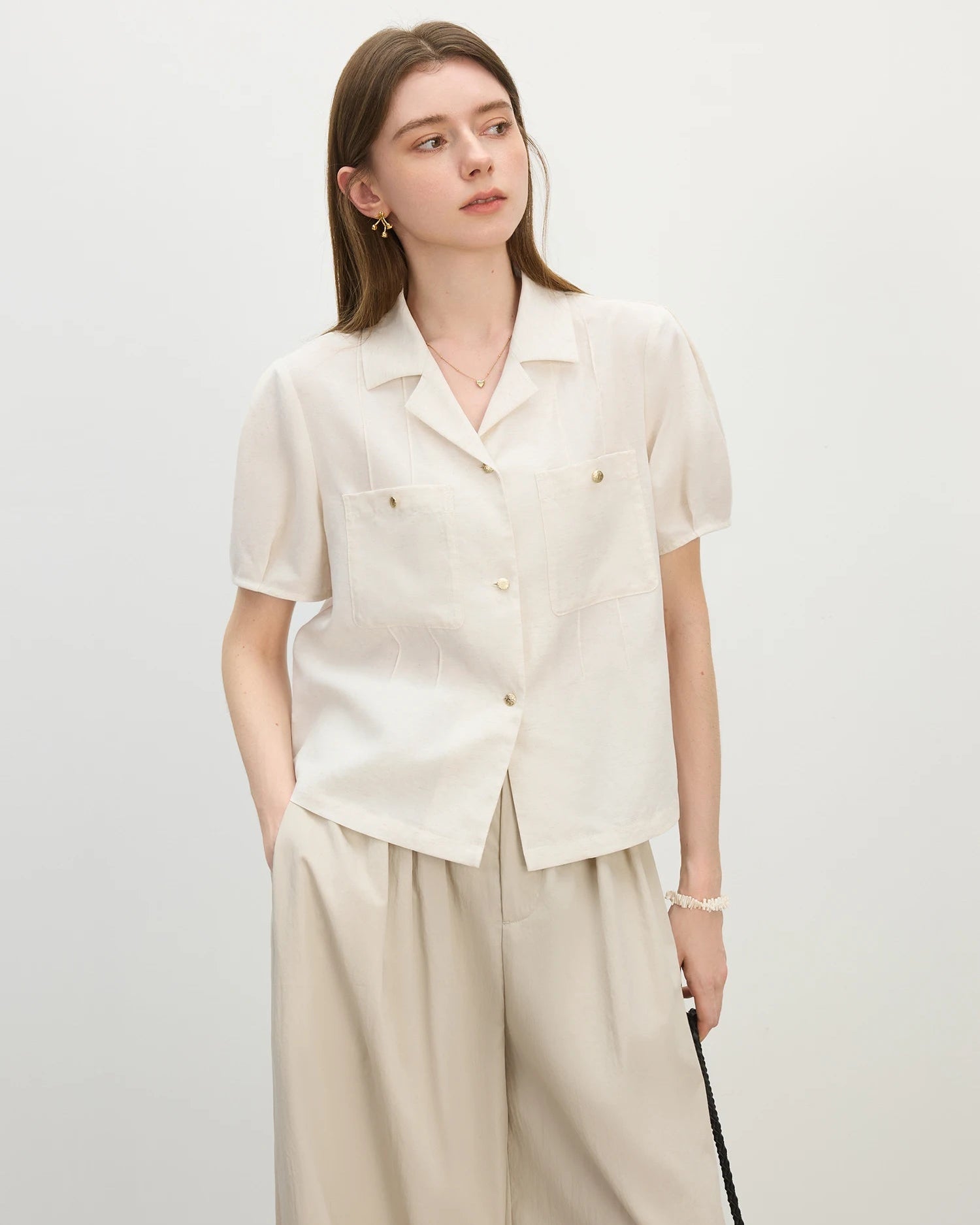 Women's Linen Blend Polo-Neck Short Sleeve Casual Shirt