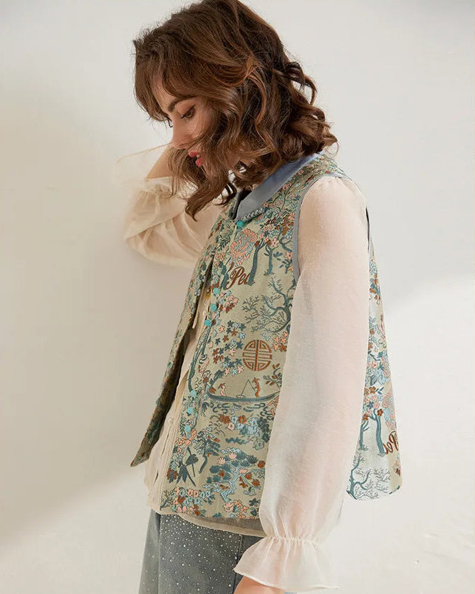 Elegant Jacquard Floral Round Neck Button Vest