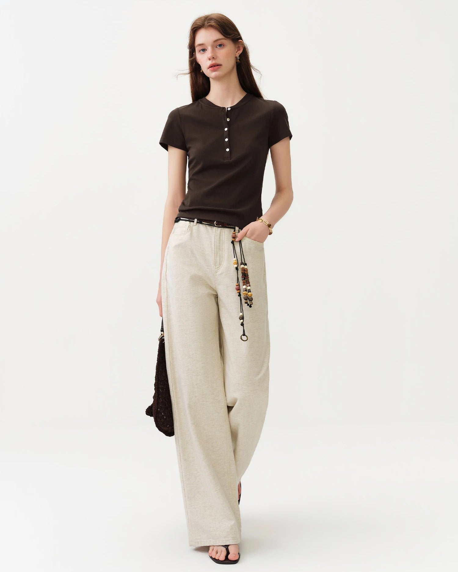 Cotton Lyocell Button-Trim Fitted Tee
