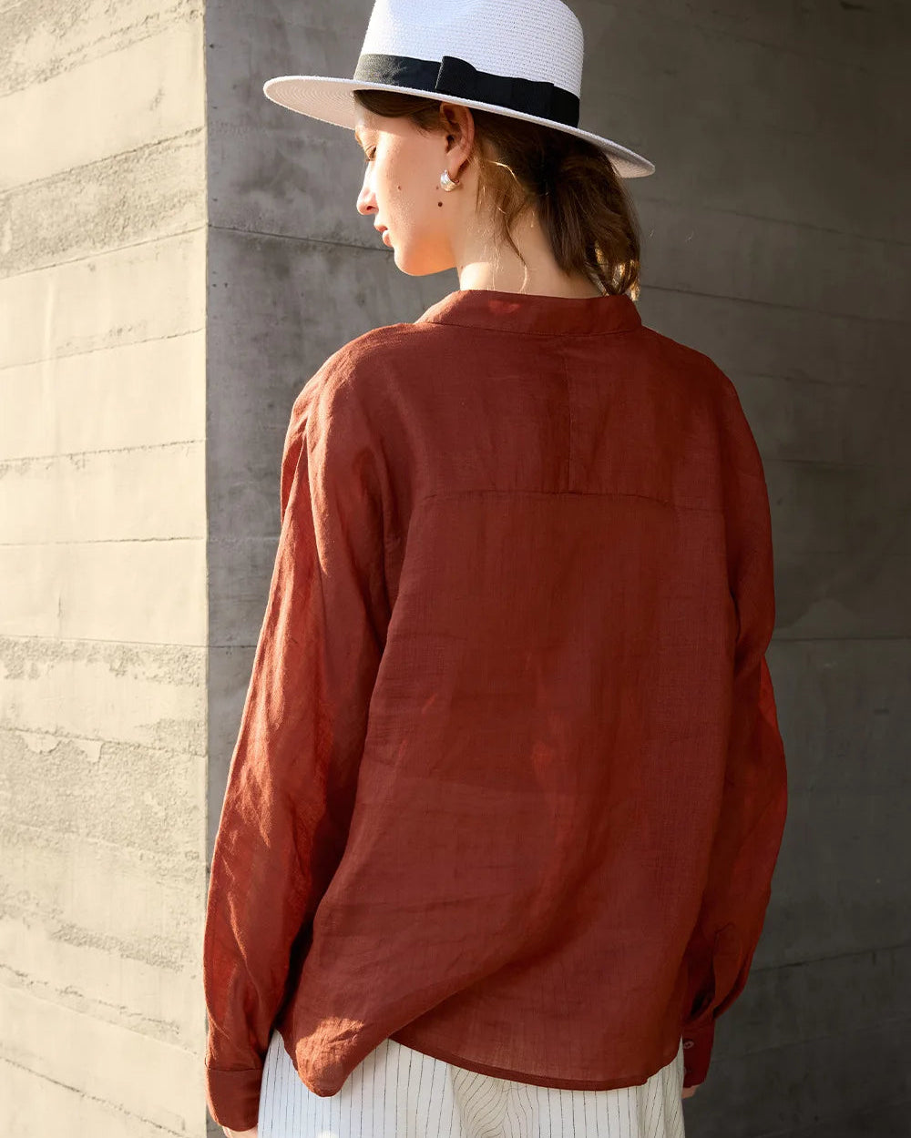 Ramie V-Neck Button-Down Shirt