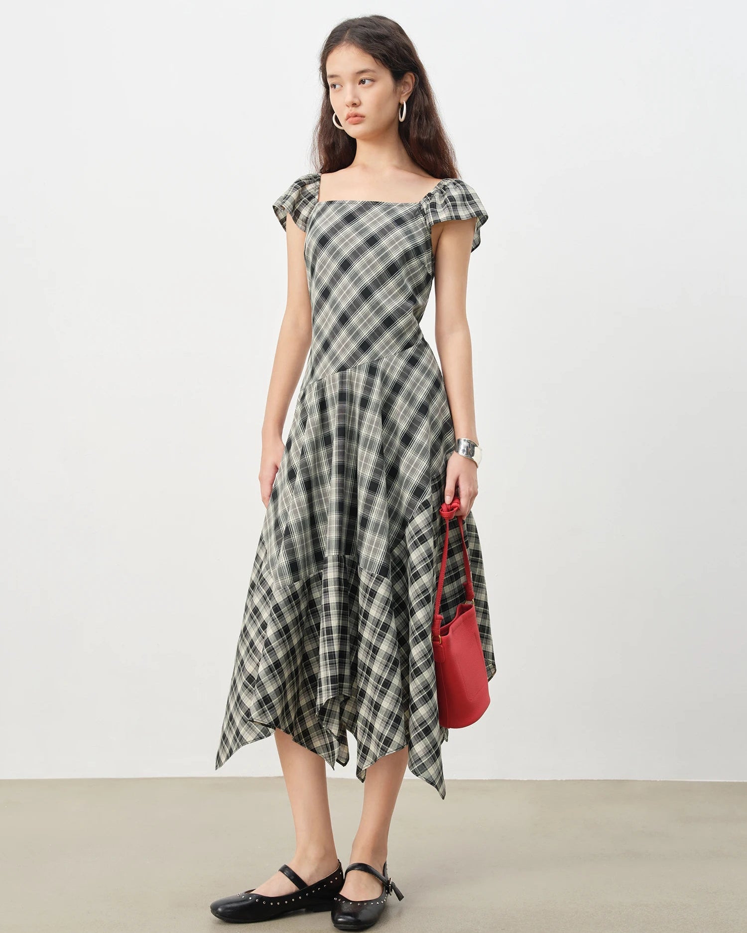 Square Neck Plaid A-Line Dress