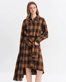 Brushed Plaid Asymmetric Hem Shirt Dress