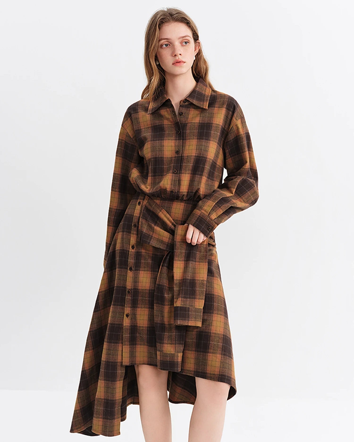 Brushed Plaid Asymmetric Hem Shirt Dress