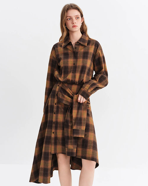 Brushed Plaid Asymmetric Hem Shirt Dress