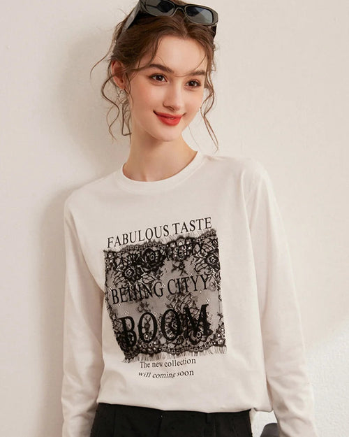 Letter Lace Patchwork Round Neck T-Shirt