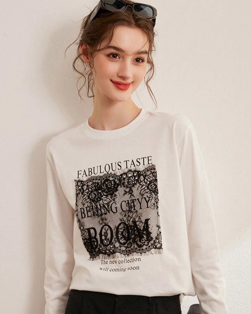 Letter Lace Patchwork Round Neck T-Shirt