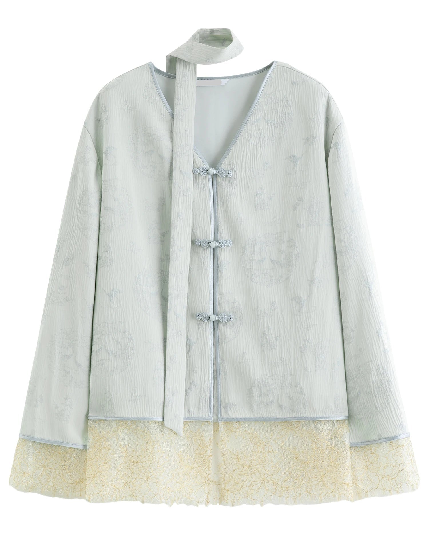 V-Neck Button-Down Lace-Trimmed Shirt