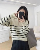 Half Zipper Striped Pure Cashmere Pullover