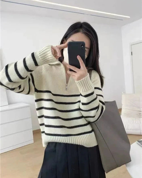 Half Zipper Striped Pure Cashmere Pullover