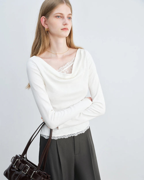 Lace-Trimmed Asymmetrical Neckline Knit T-Shirt