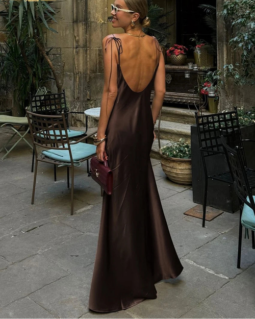 Satin Spaghetti-Strap Backless Floor-Length Dress