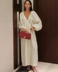 Cotton Puff-Sleeve V-Neck Wrap Maxi Dress