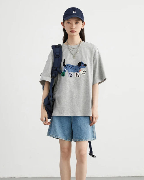 Puppy Embroidery Loose Cotton T-Shirt
