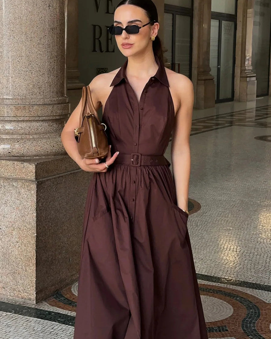 Sleeveless Turn-Down Collar Belted Maxi Dress