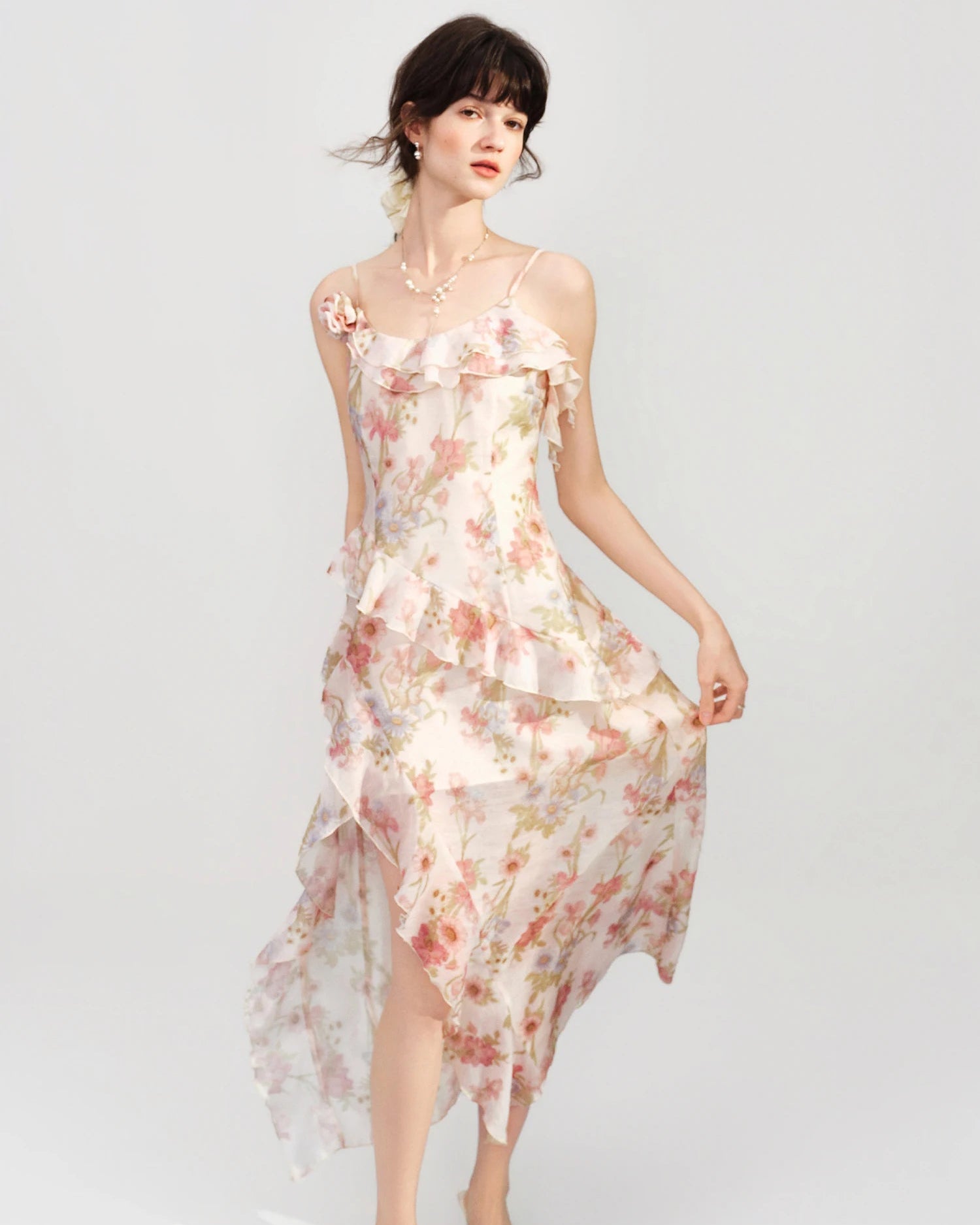 Printed Ruffled Spaghetti-Strap Maxi Dress
