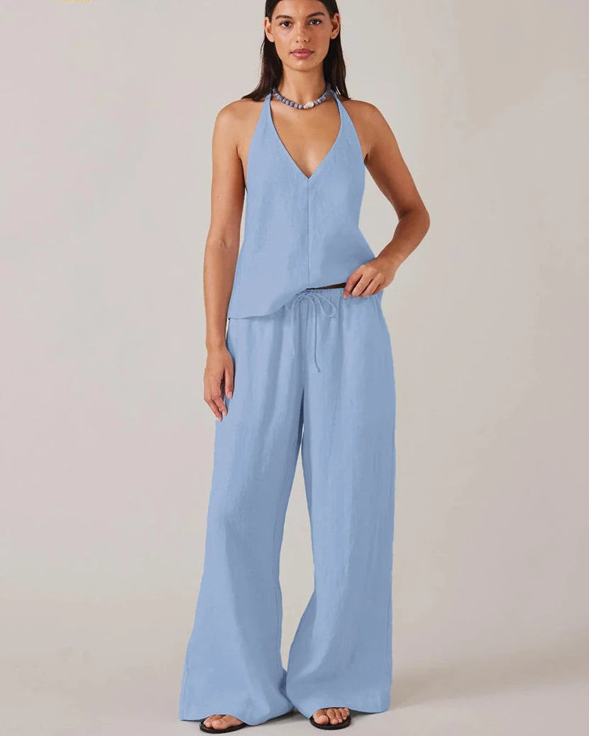Our cotton halter two-piece set featuring a sleeveless tank top and high-waist wide-leg trousers. A breathable, loose-fit summer outfit designed for everyday style.