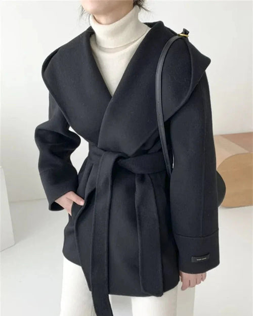 Hooded Wool Blend Wrap Coat