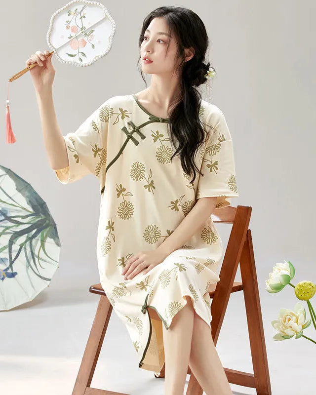 Vintage Print Short Sleeve Cotton Sleep Dress