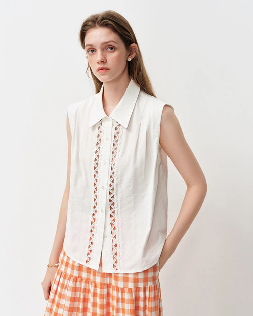 Lace-Trimmed V-Neck Cotton Shirt