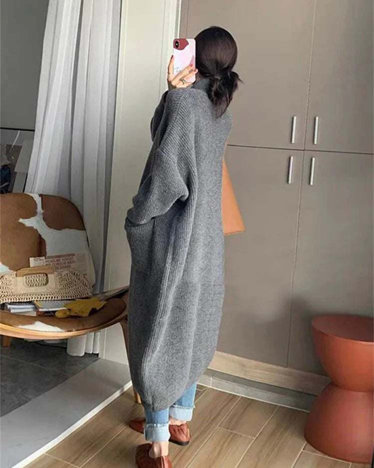 Oversized High-Neck Long Cardigan With Pocket