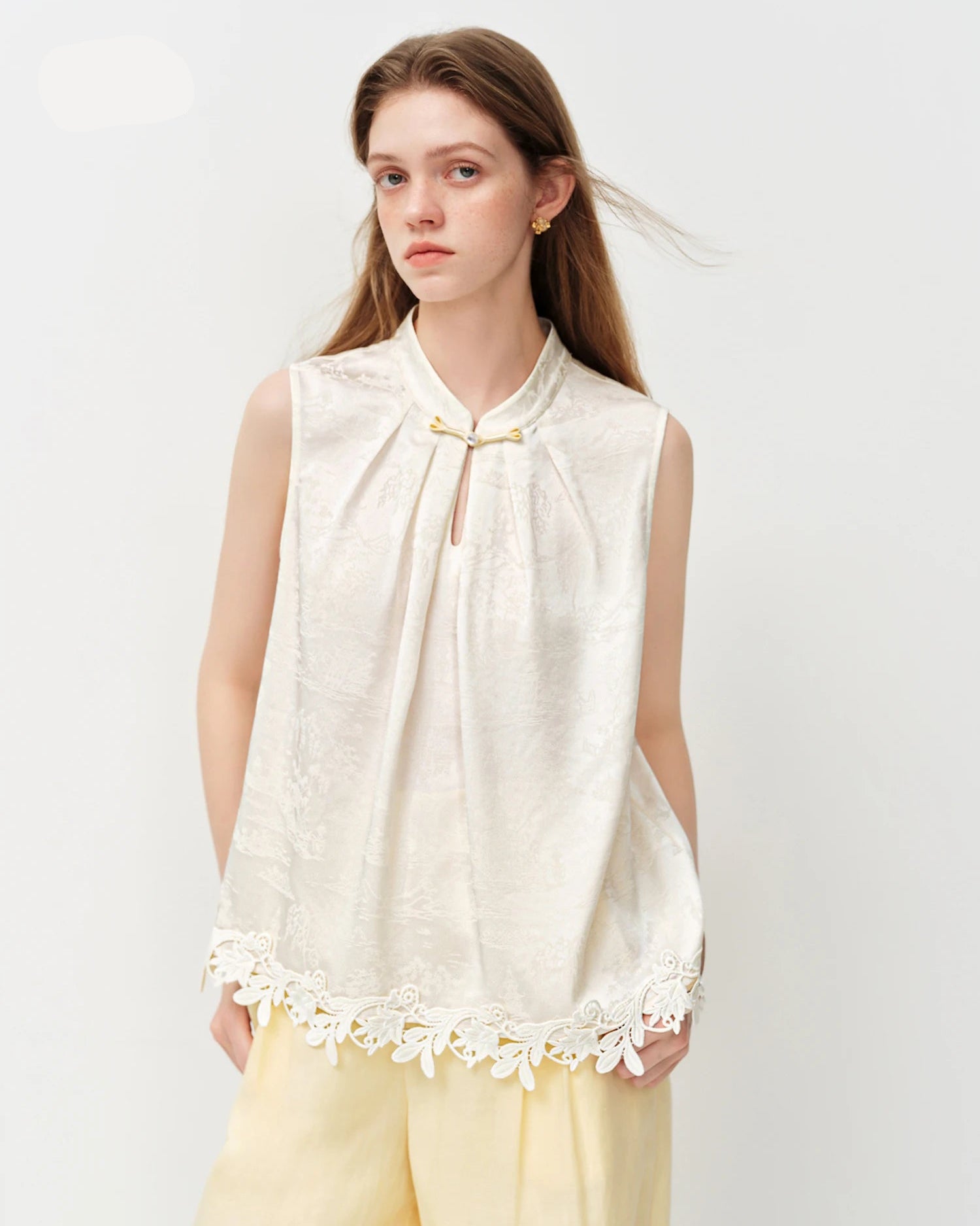 Beige acetate blend sleeveless pullover top for women, elegant spring everyday style.