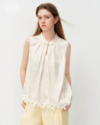 Stand-Collar Frog-Button Sleeveless Shirt
