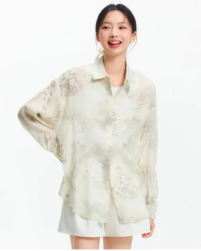 Ink Wash Print Oversized Mid-Length Shirt