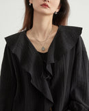 Ruffled V-Neck Loose Lyocell Casual Blouse