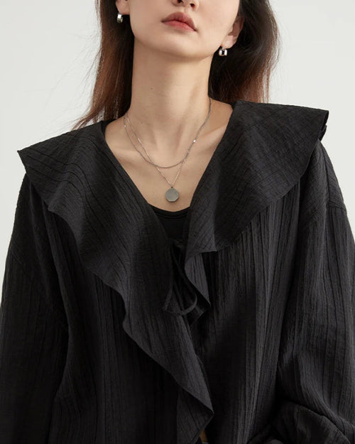 Ruffled V-Neck Loose Lyocell Casual Blouse