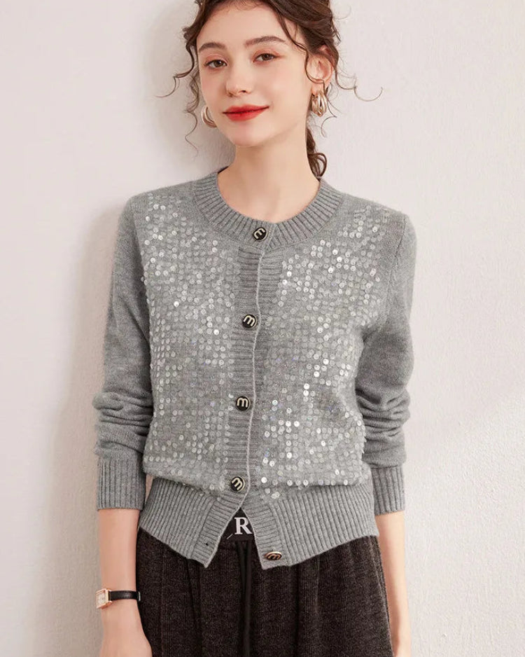Sequin Trim Knitted Button Cardigan