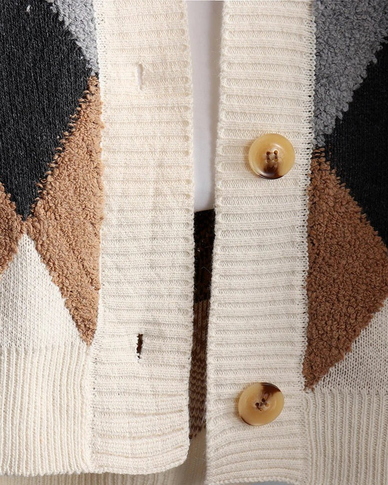 Fleece Patchwork Vintage V-Neck Short Cardigan