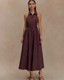 Sleeveless Turn-Down Collar Belted Maxi Dress