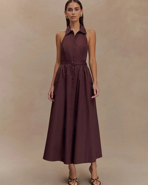 Sleeveless Turn-Down Collar Belted Maxi Dress
