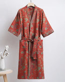 Women's Cotton double gauze Japanese kimono robe featuring a relaxed wrap front, half sleeve, and airy double-layer fabric, perfect for breathable spring and summer loungewear comfort.