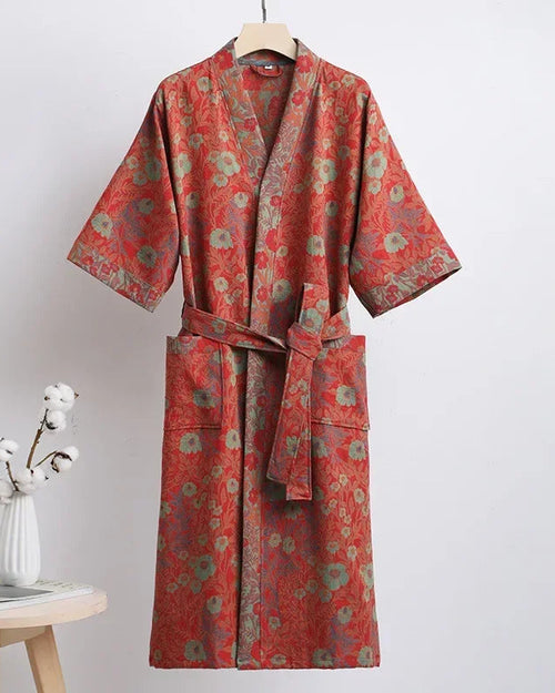 Women's Cotton double gauze Japanese kimono robe featuring a relaxed wrap front, half sleeve, and airy double-layer fabric, perfect for breathable spring and summer loungewear comfort.
