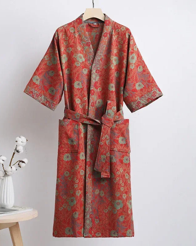 Women's Cotton double gauze Japanese kimono robe featuring a relaxed wrap front, half sleeve, and airy double-layer fabric, perfect for breathable spring and summer loungewear comfort.