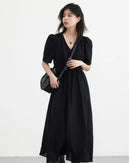 Retro V-Neck Puff Sleeve Loose Dress