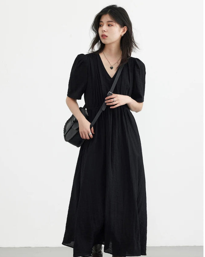 Retro V-Neck Puff Sleeve Loose Dress