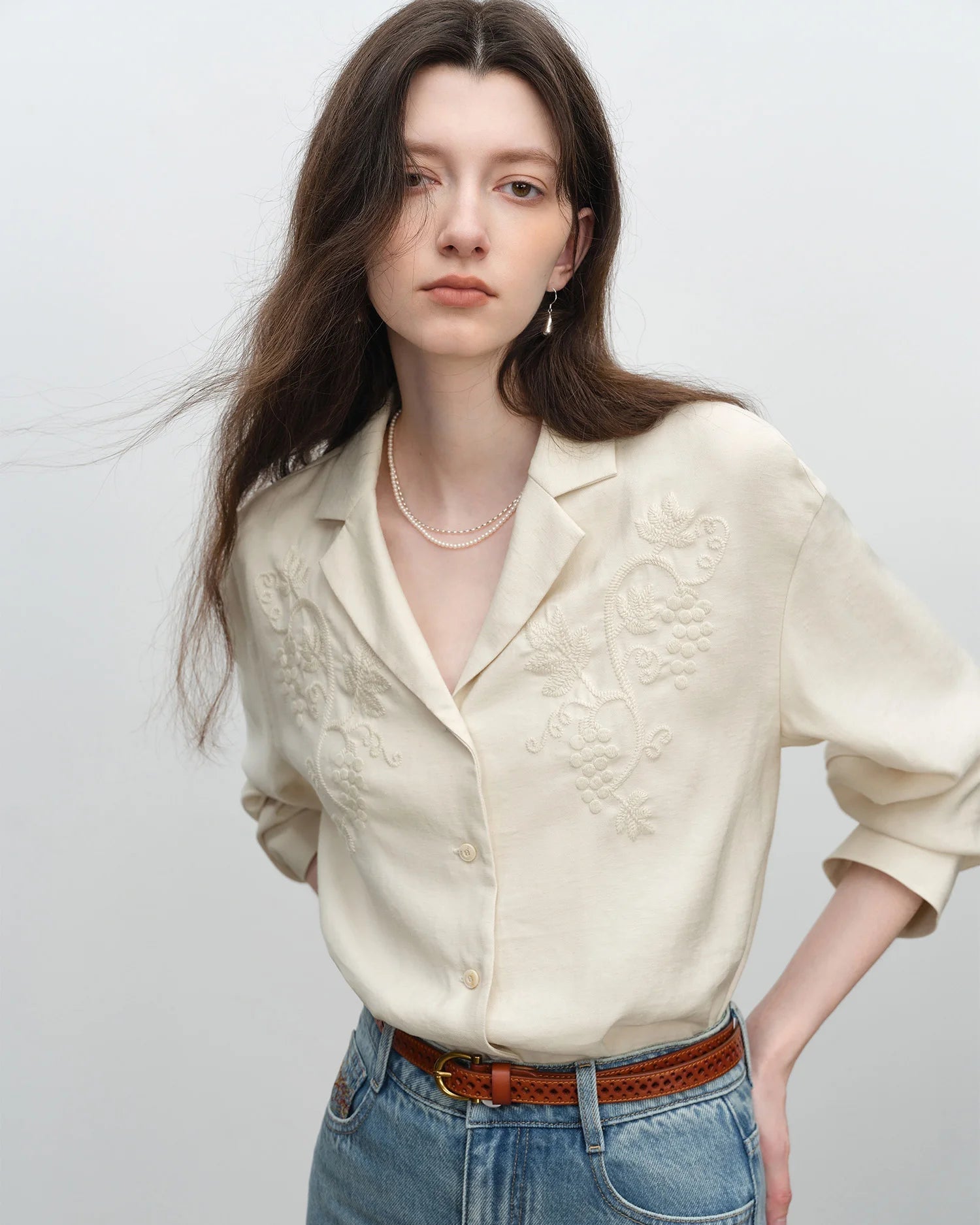 Women's beige linen-blend polo-neck button-front shirt, featuring breathable viscose-linen fabric and relaxed silhouette for effortless Old Money style or office afternoons.