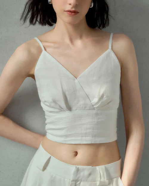 Linen V-Neck Spaghetti Strap Cropped Vest