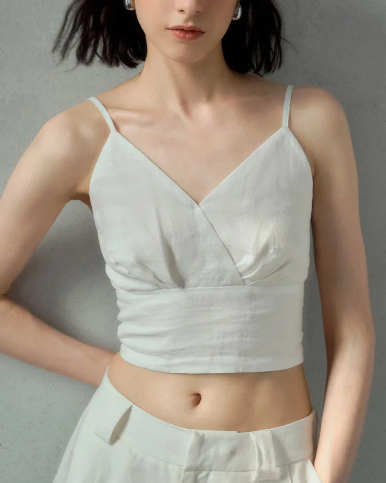 Linen V-Neck Spaghetti Strap Cropped Vest