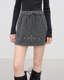 Women's gray stretch high-waisted mini A-line skirt, featuring soft wool-blend warmth and elastic waist for winter office-casual wear or city to resort confidence.
